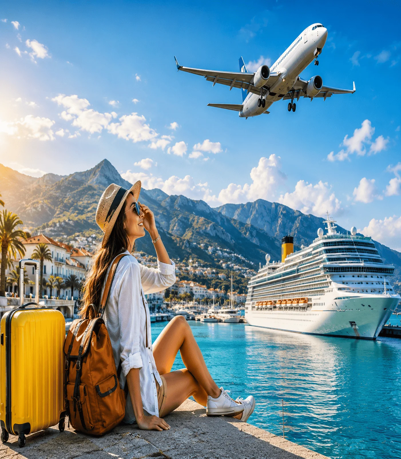 Traveller with luggage on a harbour wall watching a plane fly over a moored cruise ship