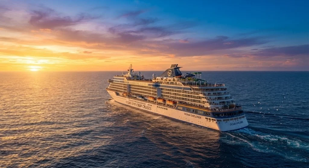 Cruise ship sailing at sunset