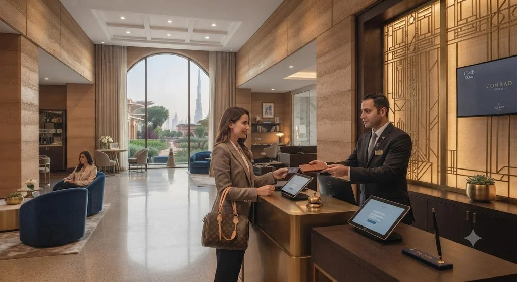 Guest checking in at hotel reception