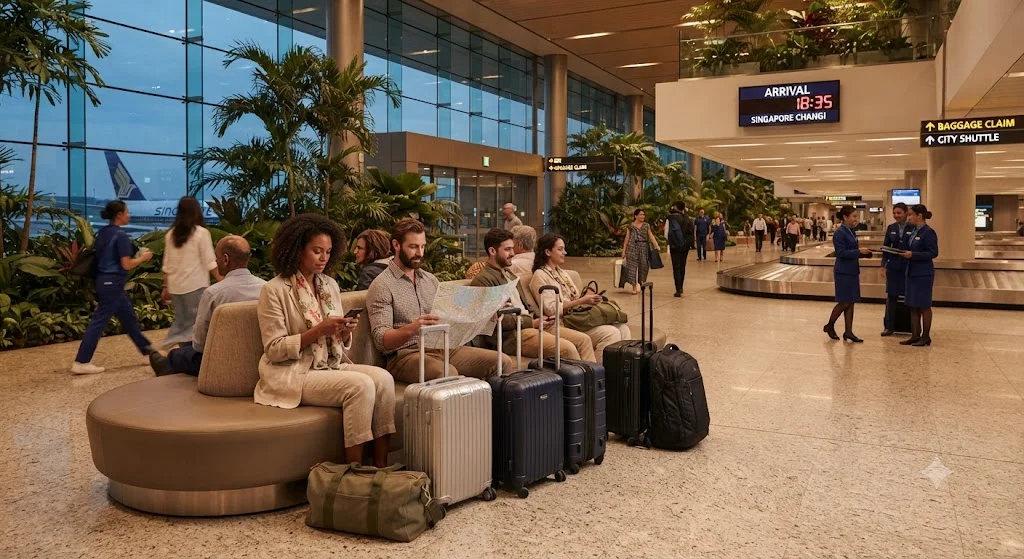 Travelers at the airport with luggage