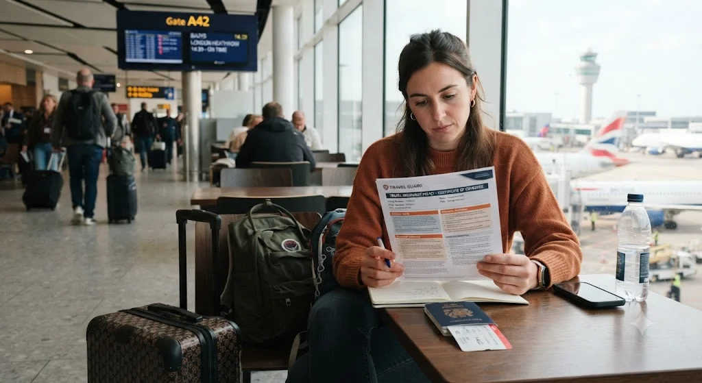 Traveler reviewing an insurance policy