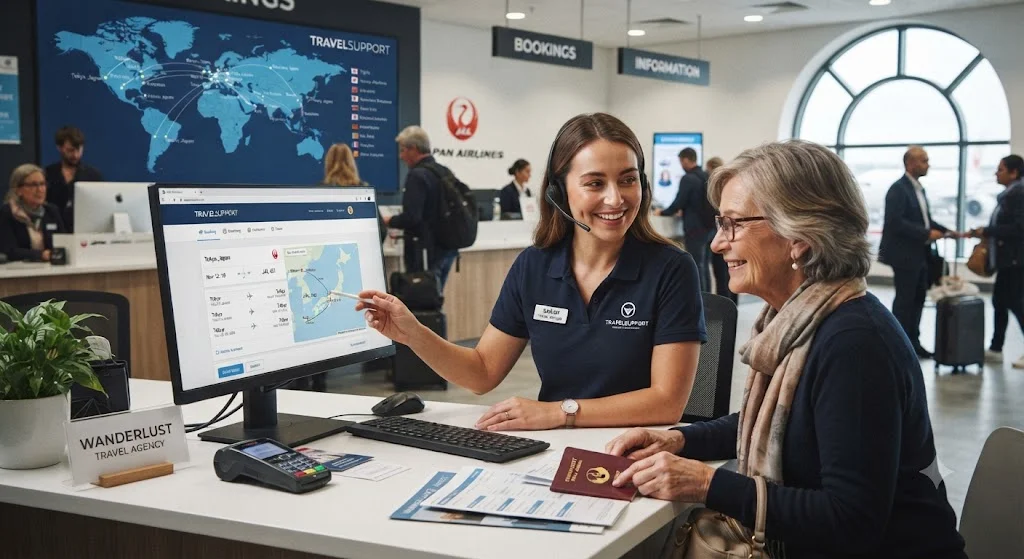 Travel support agent assisting a customer