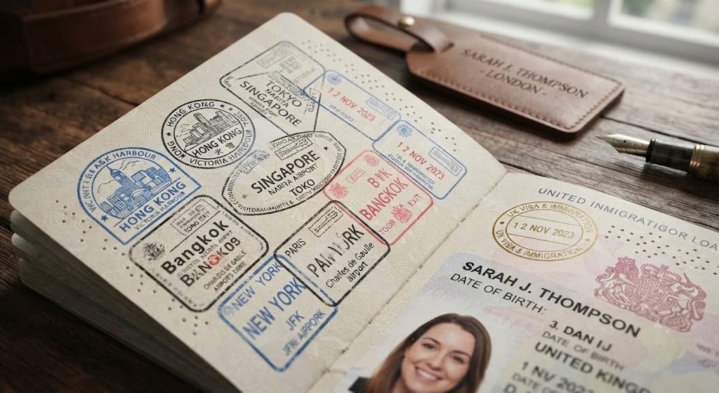 Passport pages with stamps